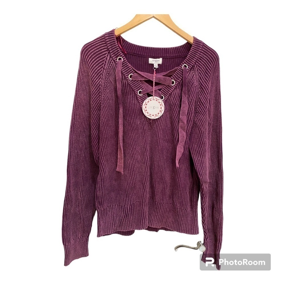 Umgee mineral wash lace up neckline purple sweater NWT size large